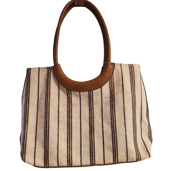 Clarks Shoulder Bag Leather Stripe Fabric Cream Brn Detachable Wristlet Preowned - Picture 1 of 8